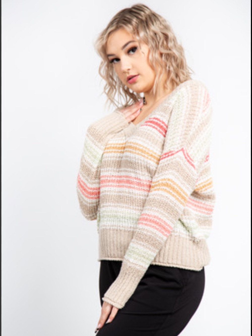 Black Tape L Striped Open Knit V-Neck Cotton Sweater Coastal Boho
